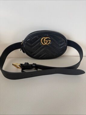 Gucci Black Leather Oval GG Belt Bag with Gold Hardware